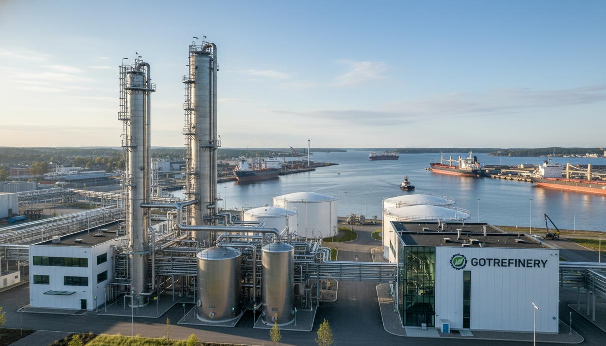 Современный завод по производству биотоплива с блестящими стальными резервуарами и трубопроводами в промышленном порту.