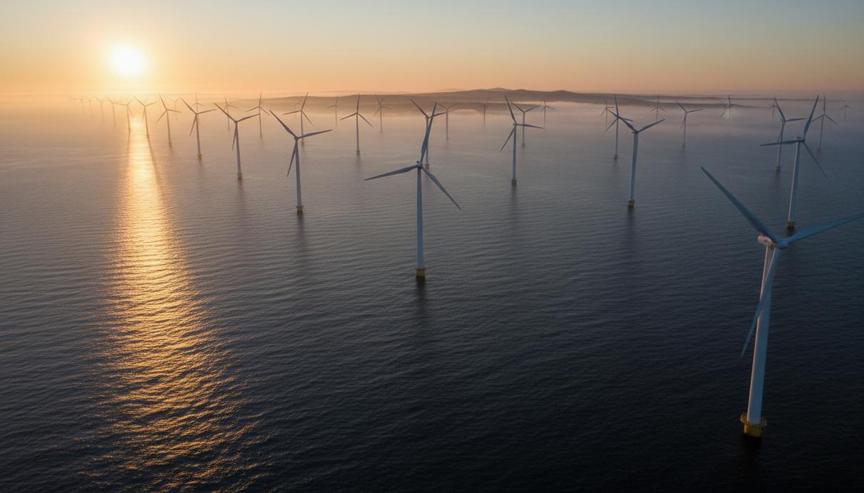 Огромная морская ветряная электростанция в море на рассвете. Ряды гигантских ветротурбин уходят за горизонт.