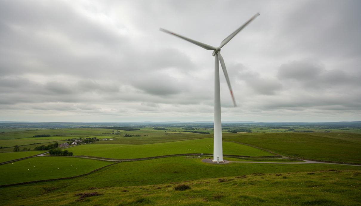 В Шотландии заработала первая общественная ВЭУ без госсубсидий Одиночная ветряная турбина с вращающимися лопастями на вершине зеленого холма в сельской местности Шотландии.