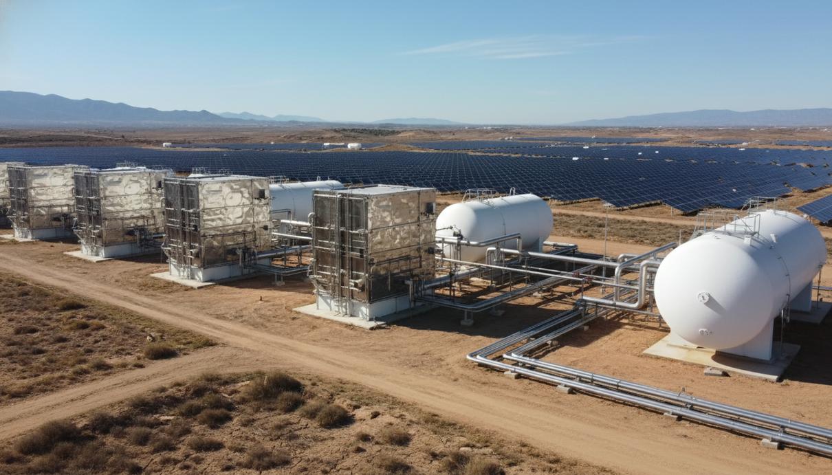 Современный завод по производству зеленого водорода на фоне большой солнечной электростанции в Андалусии, Испания.