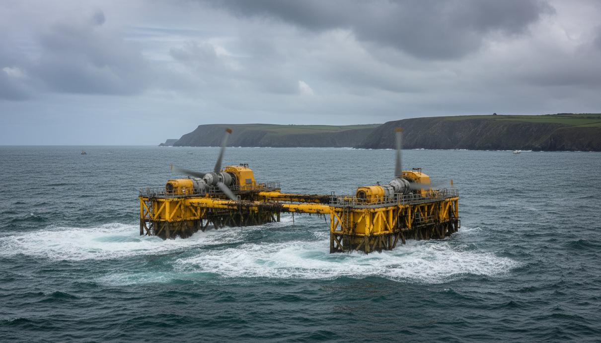 Массивная установка приливной электростанции HydroWing в бурных водах моря у скалистого побережья Уэльса.