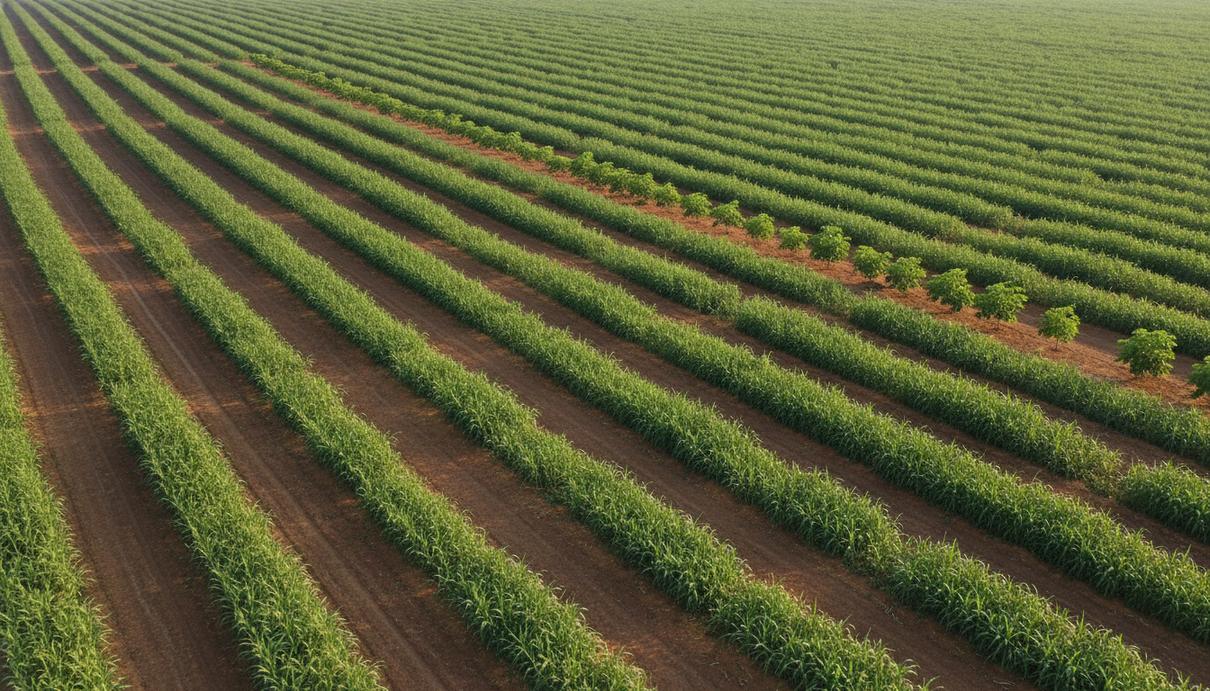 Поле с рядами сахарного сорго и деревьев павловнии, посаженными по технологии агролесоводства на восстанавливаемой земле.
