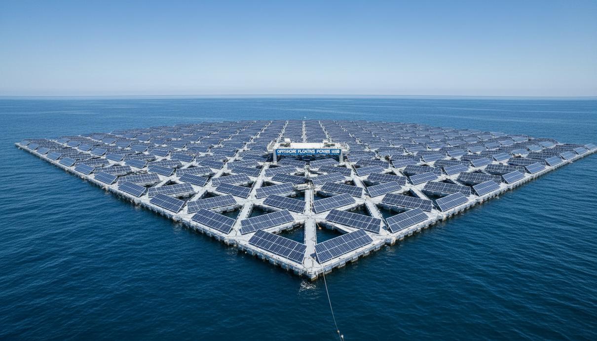 Морская плавучая солнечная электростанция с соединенными панелями на треугольных платформах в открытом океане.