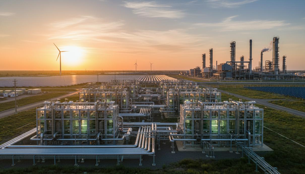 Завод по производству зеленого водорода: электролизер, трубы и резервуары на территории промышленного комплекса.