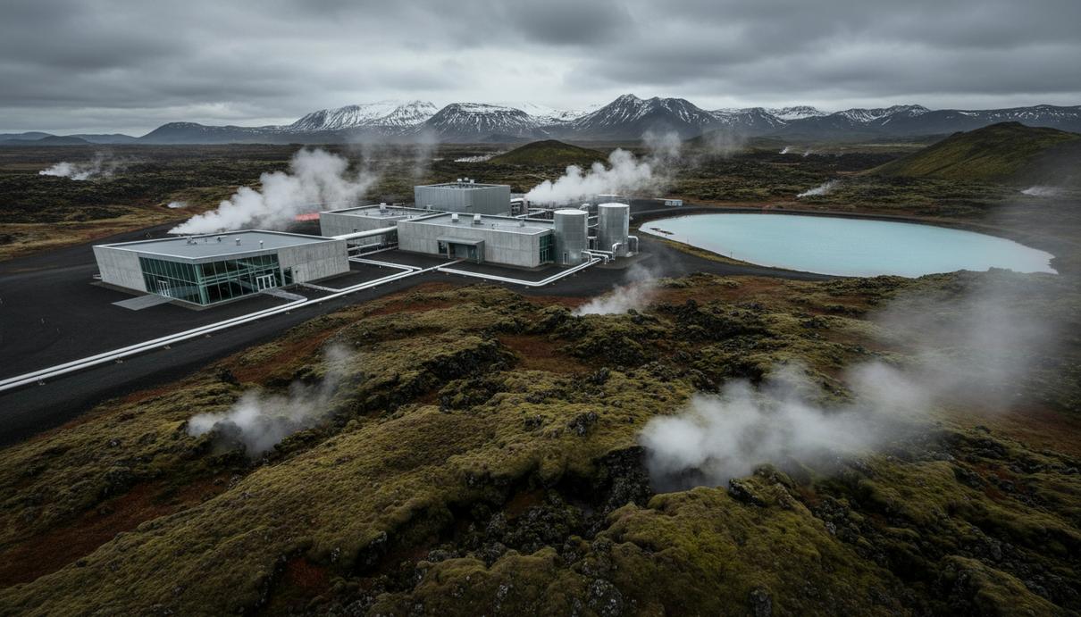 Современная геотермальная электростанция на фоне вулканического пейзажа Исландии с выходящим из-под земли паром.
