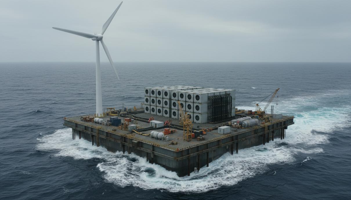 Плавучая стальная платформа в море с ветряной турбиной и модульными блоками центра обработки данных.