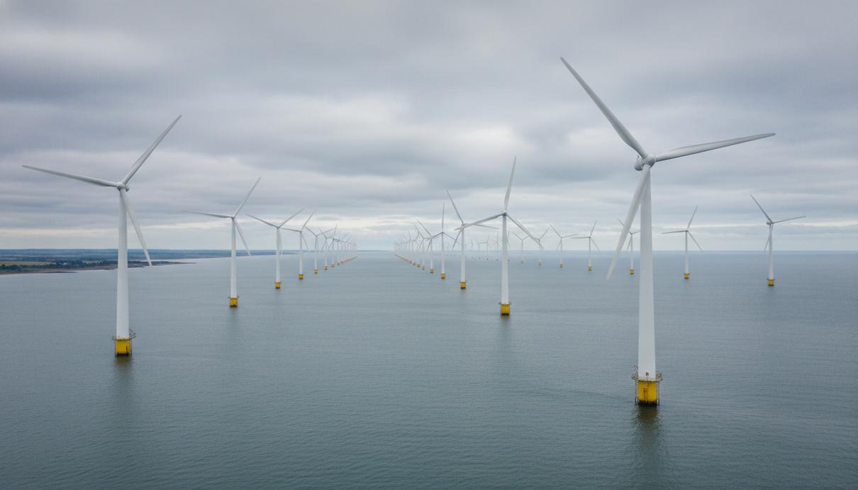 Ряд морских ветрогенераторов, установленных в море у побережья Норфолка, под серым небом