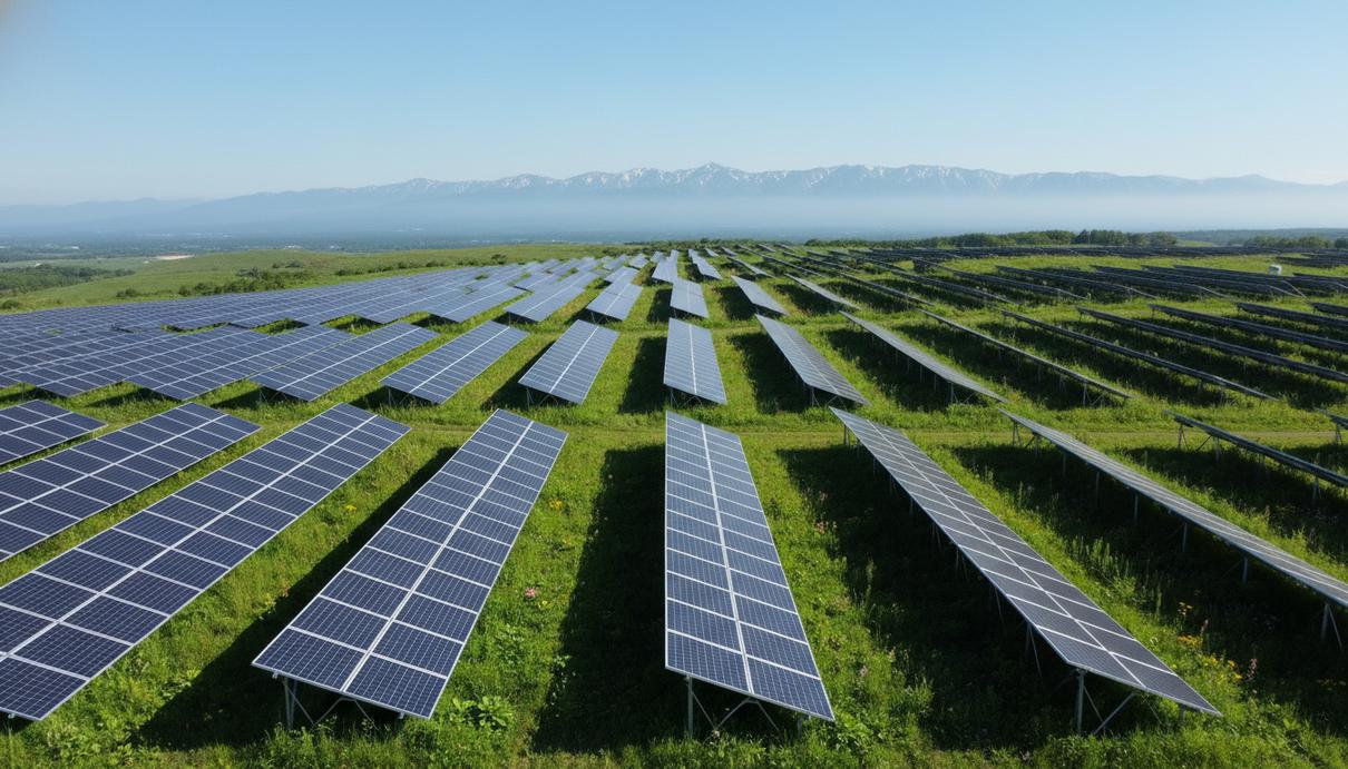 Ряды солнечных панелей на зеленом поле на фоне холмов и гор острова Хоккайдо в Японии