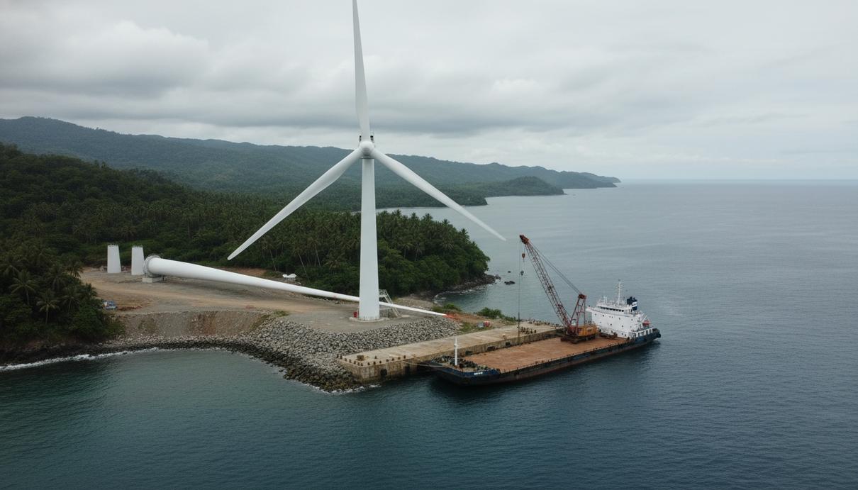 Огромный белый ветрогенератор на берегу тропического острова рядом с грузовой баржей и причалом.