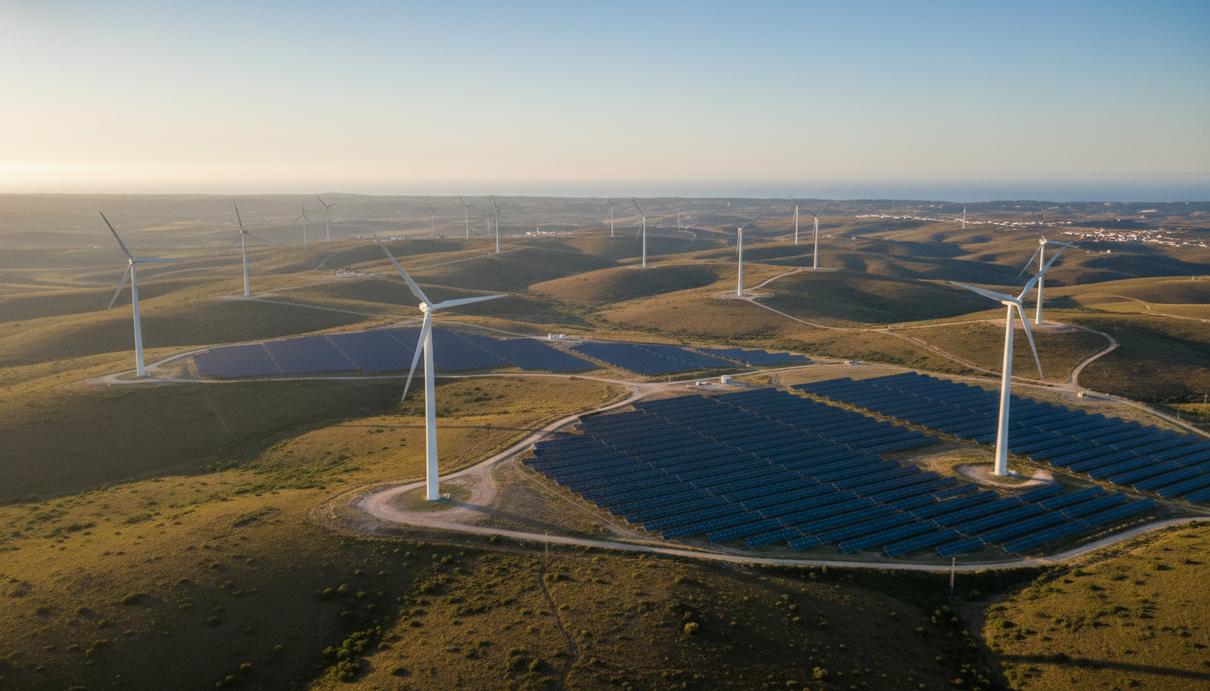 Белые ветрогенераторы и массивы солнечных панелей на зеленых холмах Португалии под ясным небом