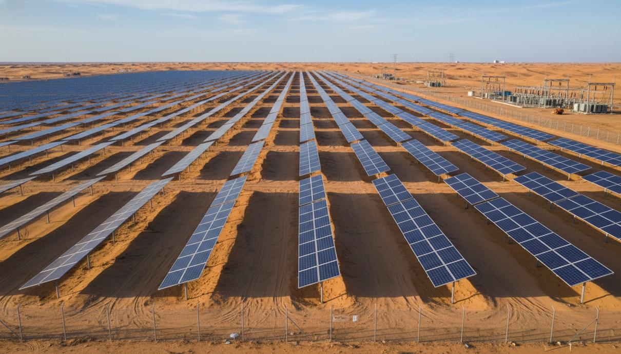 Ряды солнечных панелей электростанции на фоне пустынного пейзажа под ясным небом в Тунисе