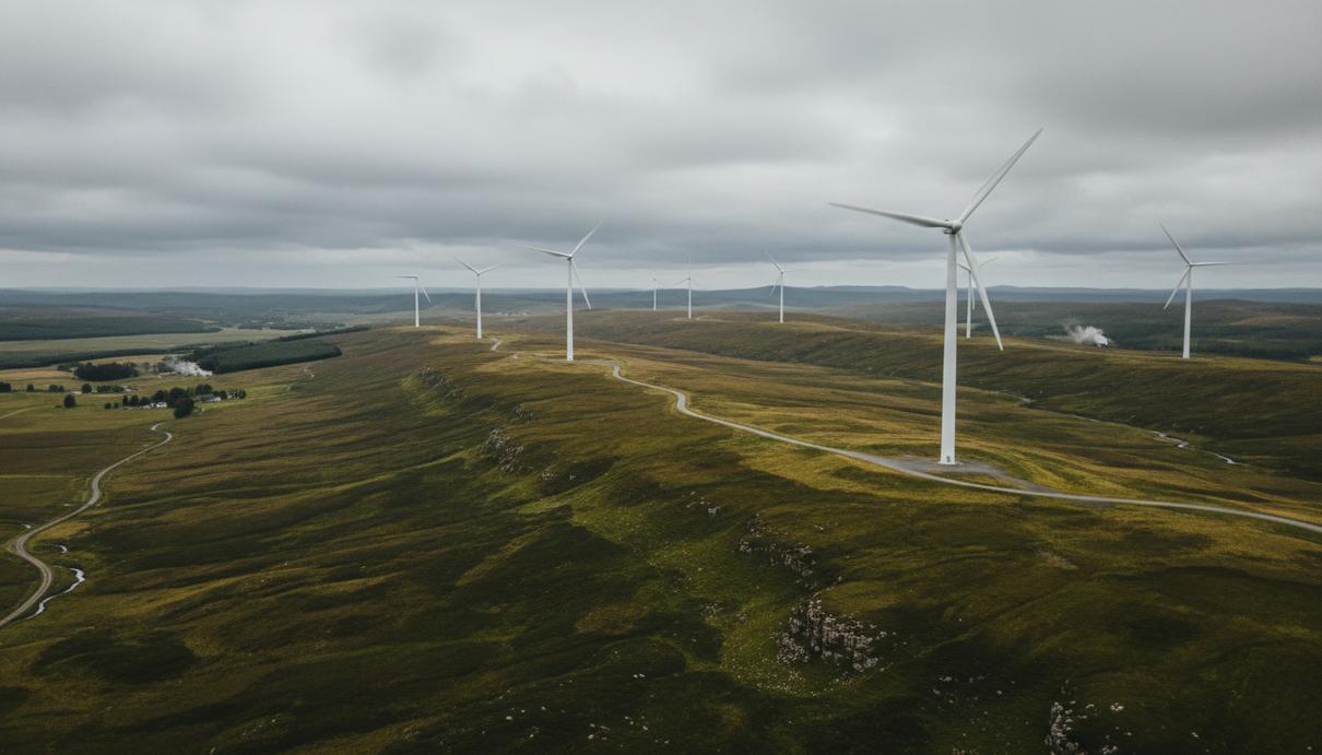 Ряд современных ветрогенераторов на холмистой равнине Шотландии под пасмурным небом.