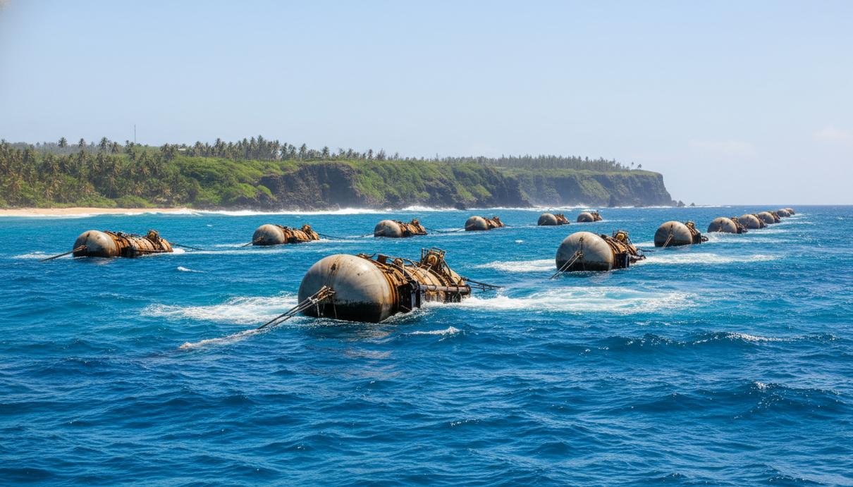 Металлические буи волновой электростанции в прибрежных водах Маврикия на фоне тропического берега