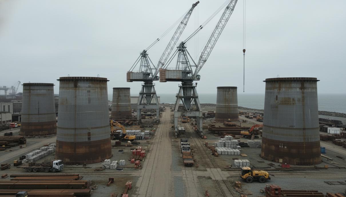 Массивные стальные основания для морских ветрогенераторов на территории промышленной верфи.