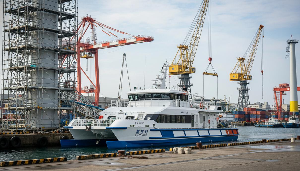 Специализированное судно для обслуживания морских ветропарков на судостроительной верфи в Японии