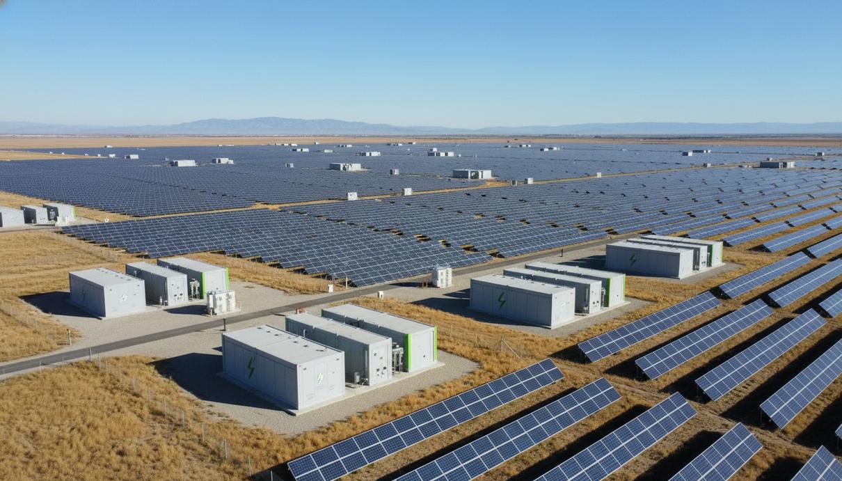 Солнечные панели и контейнеры промышленных систем накопления энергии на территории энергопарка под открытым небом.