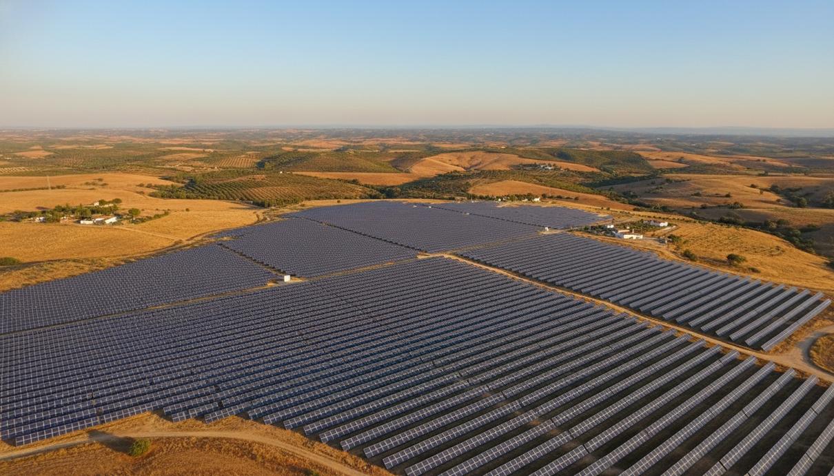 Масштабная солнечная электростанция с рядами панелей в сельской местности Испании под ясным небом.