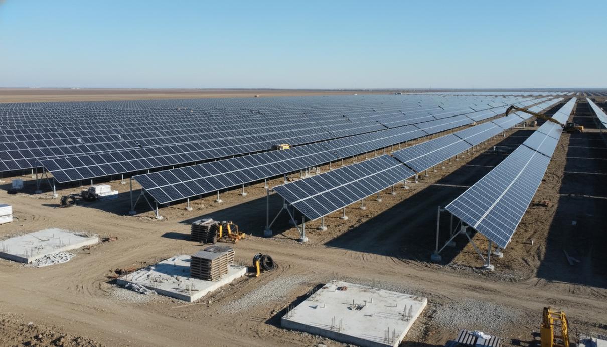 Строящаяся солнечная электростанция с рядами фотоэлектрических панелей на открытой местности в Румынии.