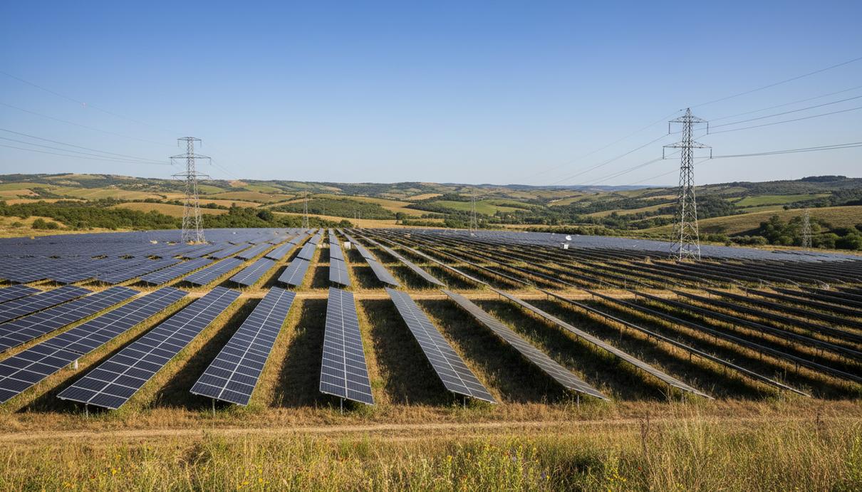 Солнечная электростанция с рядами фотоэлектрических панелей на фоне холмистого ландшафта Италии