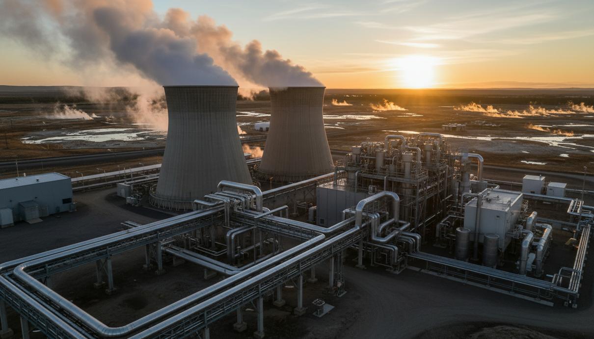 Геотермальная электростанция с сетью промышленных труб и паром на фоне природного ландшафта в лучах заката