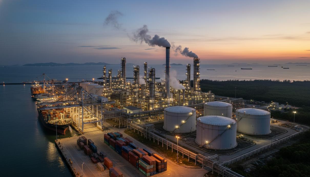 Промышленный комплекс завода по производству биотоплива с ректификационными колоннами на фоне морского порта