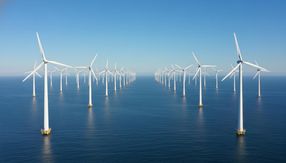 Морской ветропарк с белыми турбинами в открытом море под ясным небом.