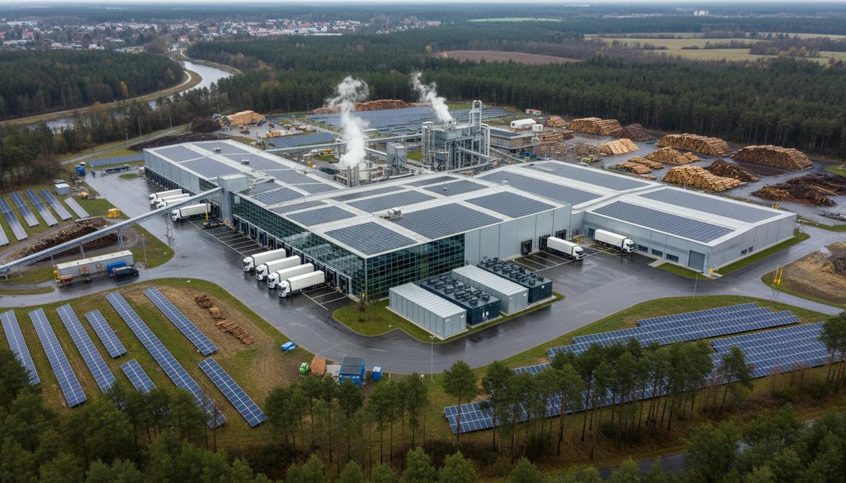 Промышленное предприятие с солнечными батареями на крышах и электрическими грузовиками на парковке