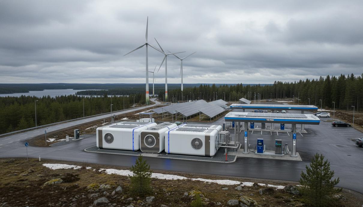 Промышленный контейнерный электролизер на территории водородной заправочной станции в Финляндии