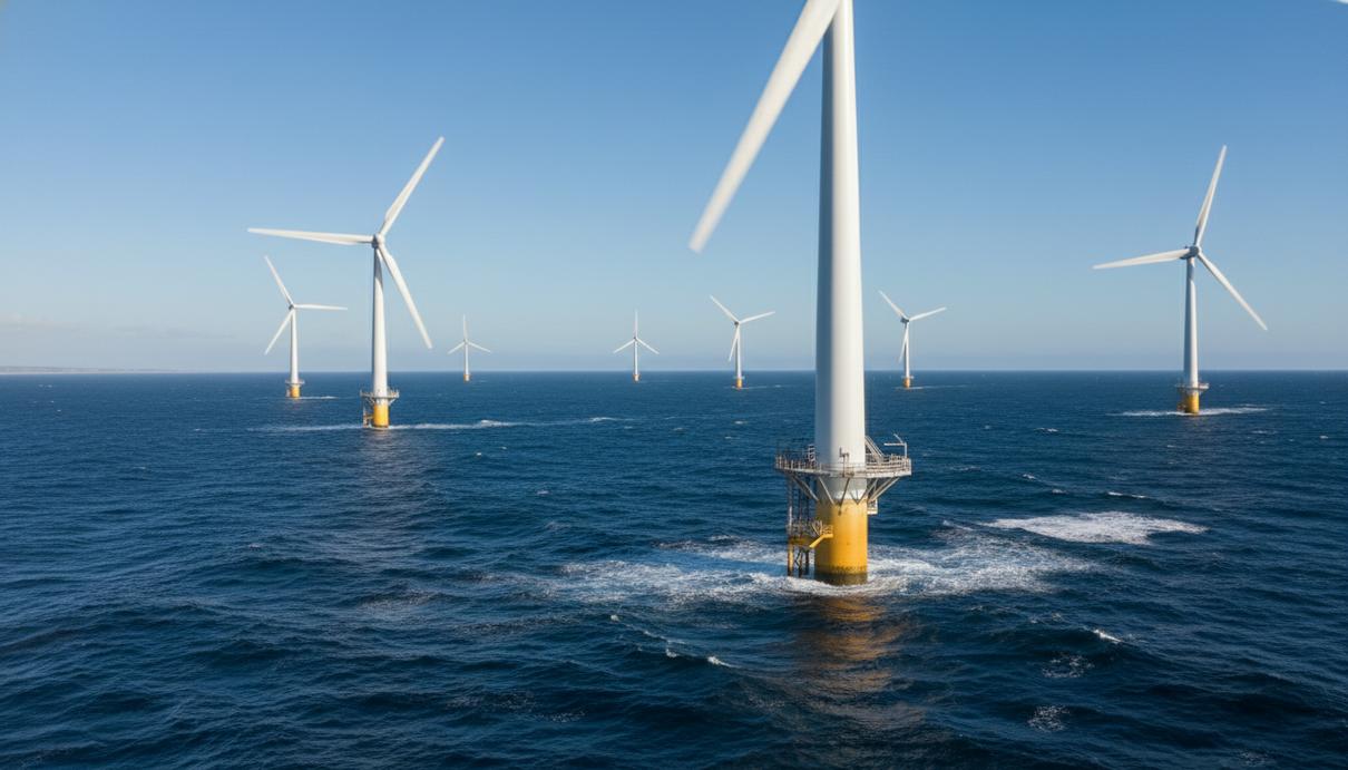 Морские ветряные генераторы в открытом океане на фоне ясного неба и линии горизонта.