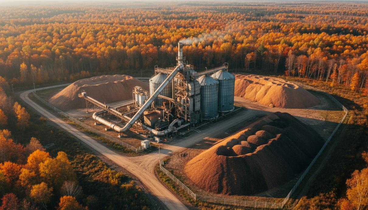 Промышленный комплекс по переработке биомассы с металлическими резервуарами и заготовками дерева на фоне леса.