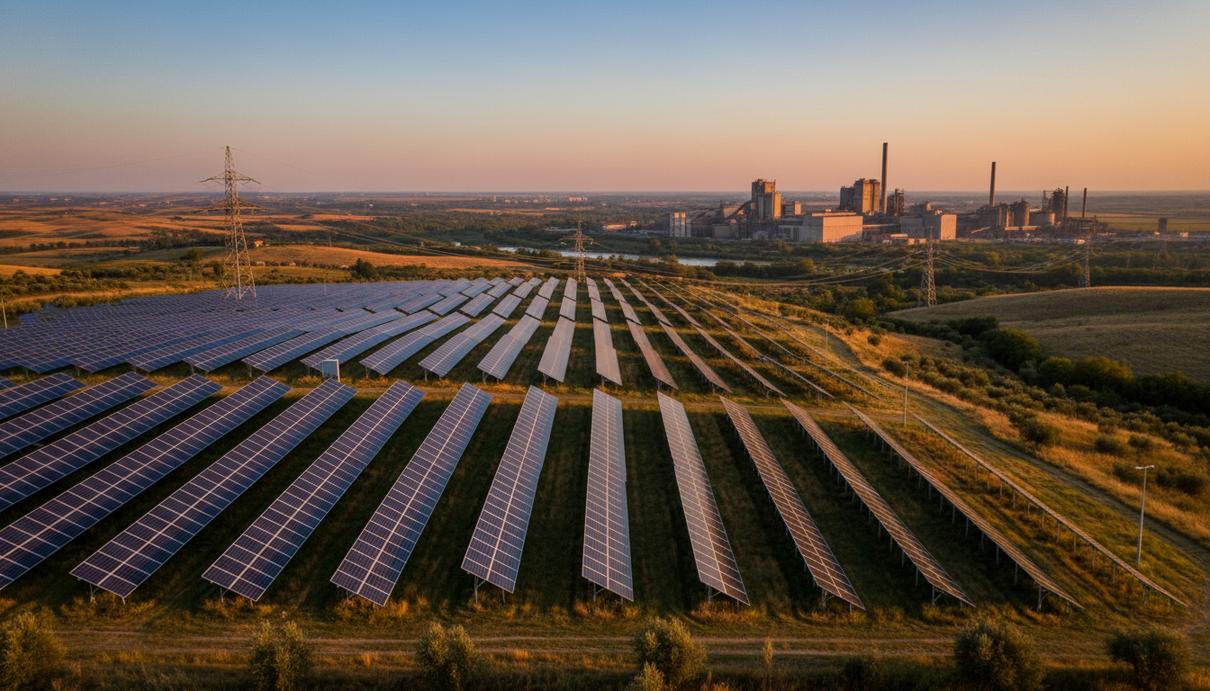 Современные солнечные панели на поле на фоне корпусов металлургического завода
