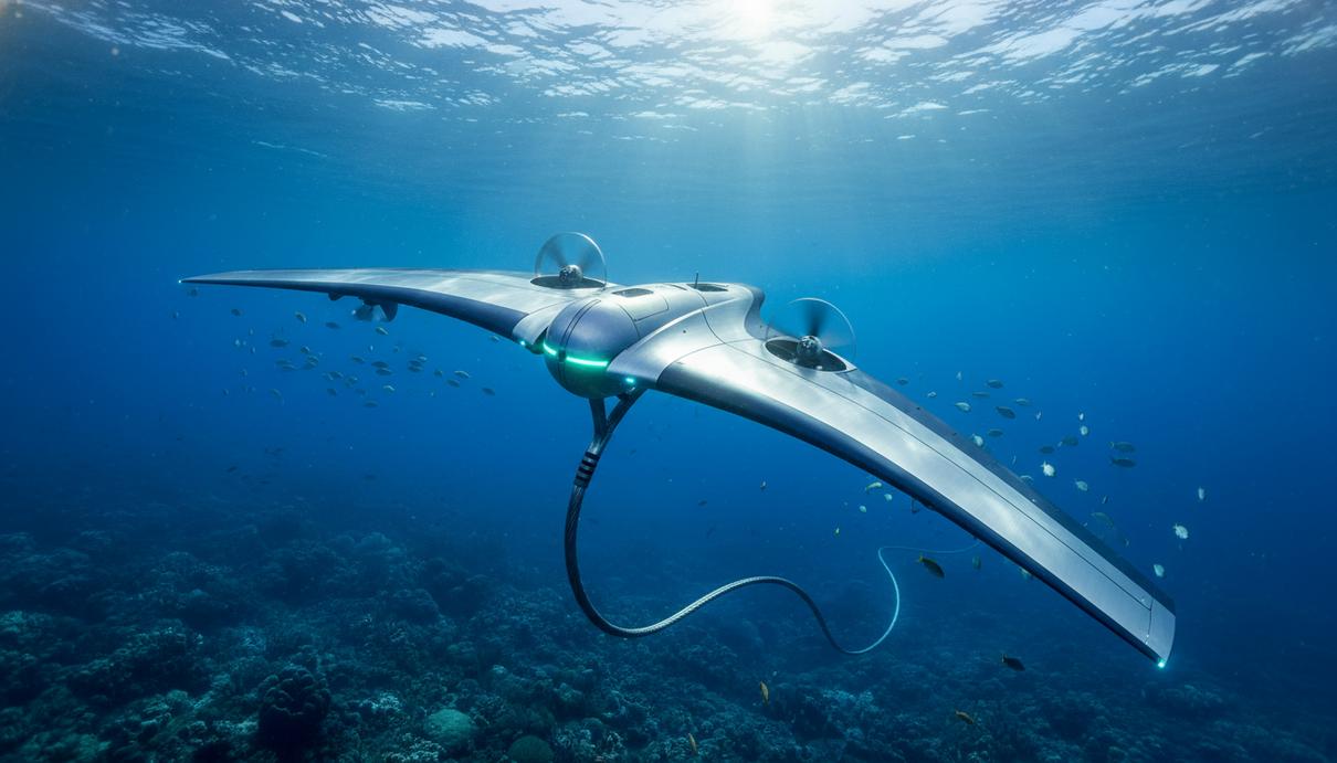 Металлическая подводная установка в форме крыла в толще воды на фоне морского дна