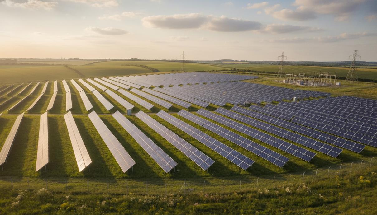 Масштабная солнечная электростанция с рядами синих панелей среди холмов и полей Великобритании