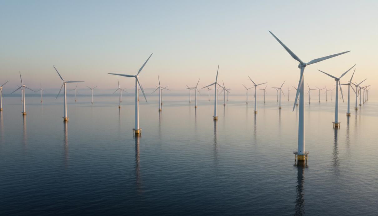 Группа современных ветрогенераторов морской ветроэлектростанции в открытом море