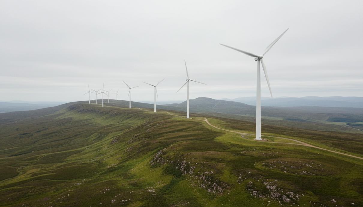 Современные ветряные турбины на холмистой местности Великобритании под пасмурным небом