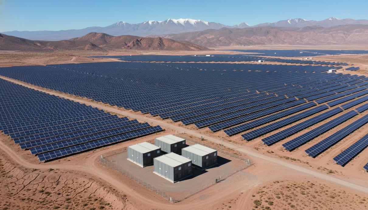 Ряды солнечных панелей и контейнеры систем накопления энергии на фоне гор в пустынной местности Чили.