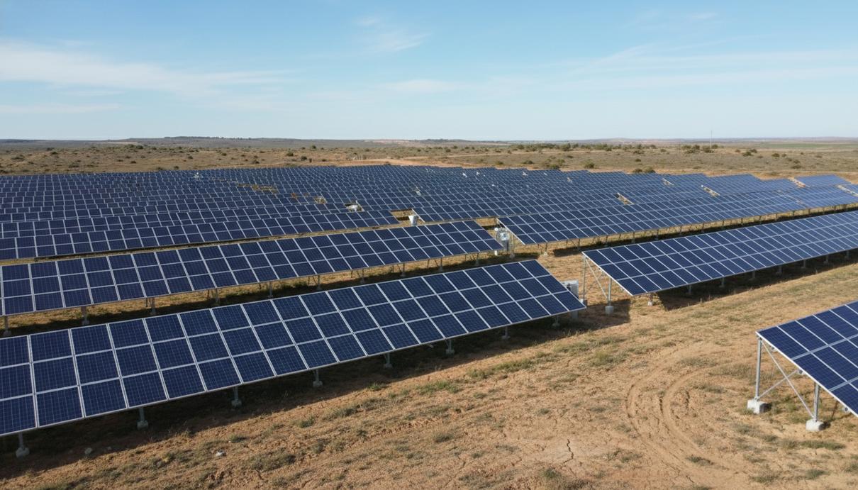 Ряды солнечных панелей на трекерах в сельской местности испанской провинции Куэнка под ясным небом.