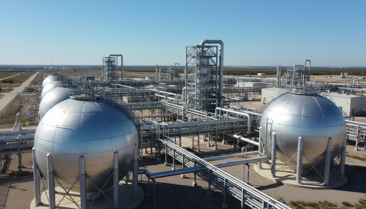 Промышленный пейзаж с терминалом для сжиженного природного газа, резервуарами и трубопроводами в Техасе
