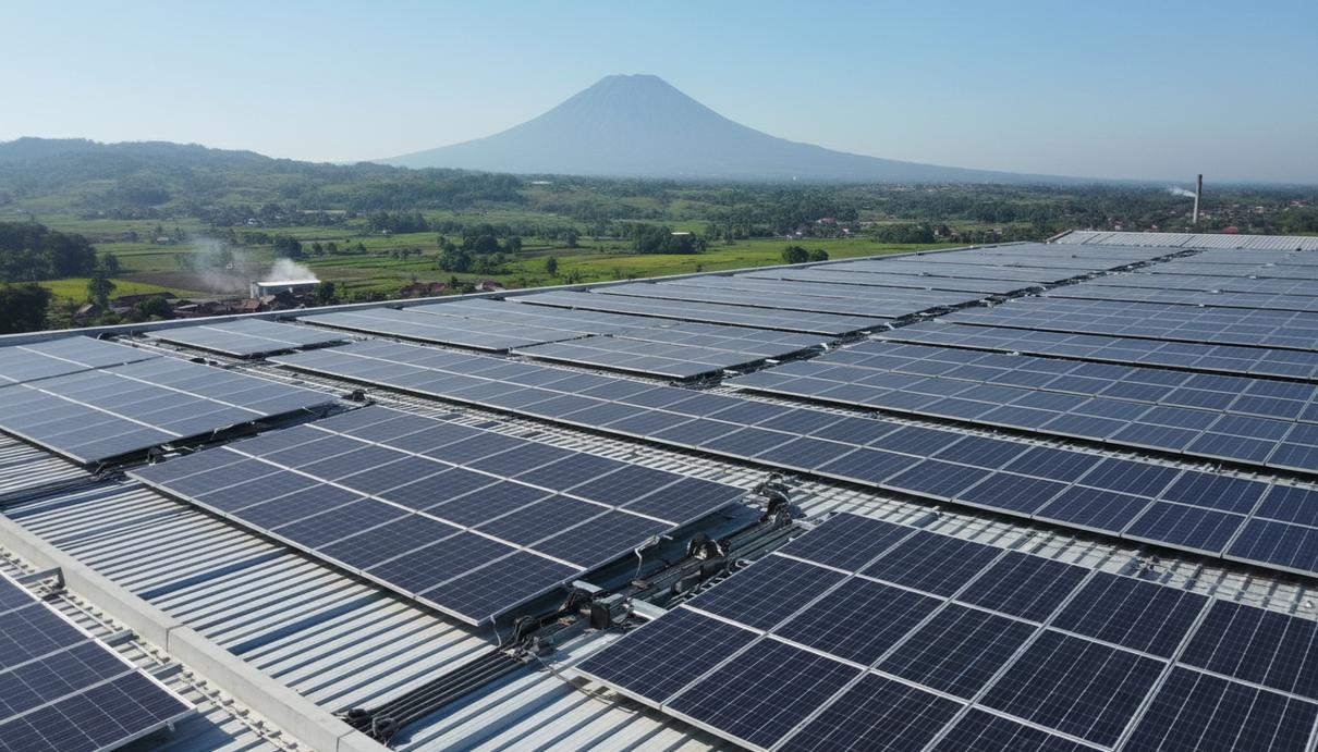 Ряды солнечных батарей на крыше промышленного предприятия в провинции Восточная Ява