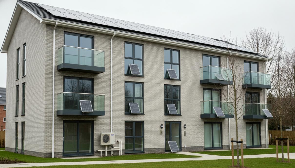 Современный жилой дом с солнечными панелями на крыше и внешним блоком теплового насоса у фасада