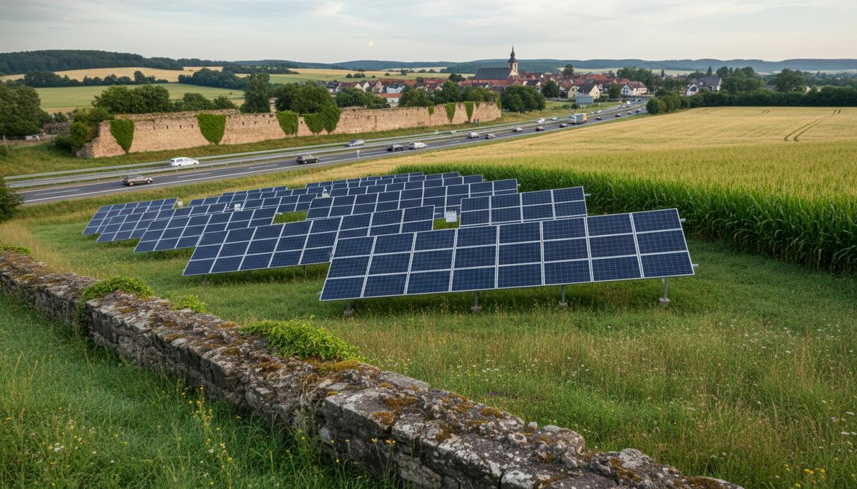 Солнечные панели на поле в Баден-Вюртемберге рядом с автомобильной трассой и историческими руинами.