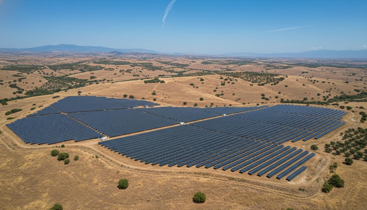 Ряды солнечных панелей электростанции на фоне засушливых холмов Сицилии под ясным небом