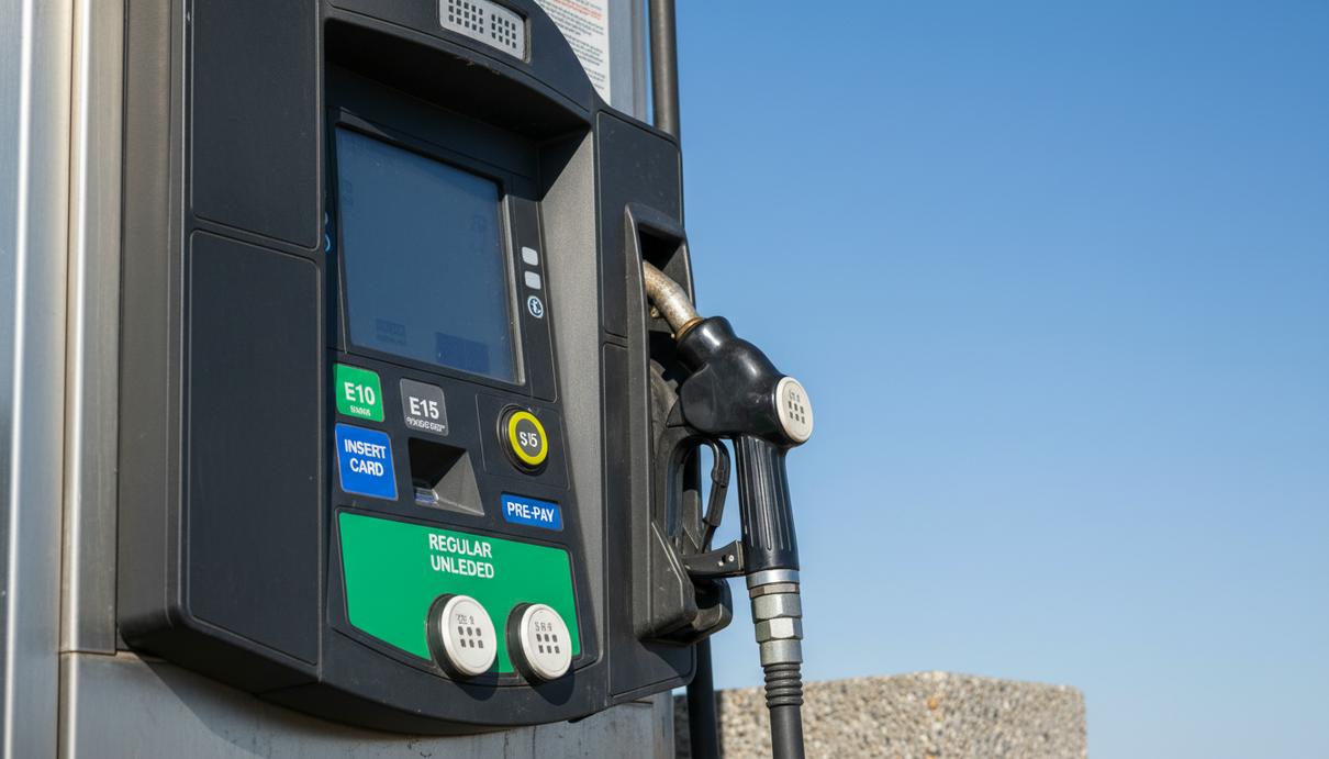 Автозаправочная колонка с дисплеем выбора марок бензина и заправочным пистолетом в солнечный день