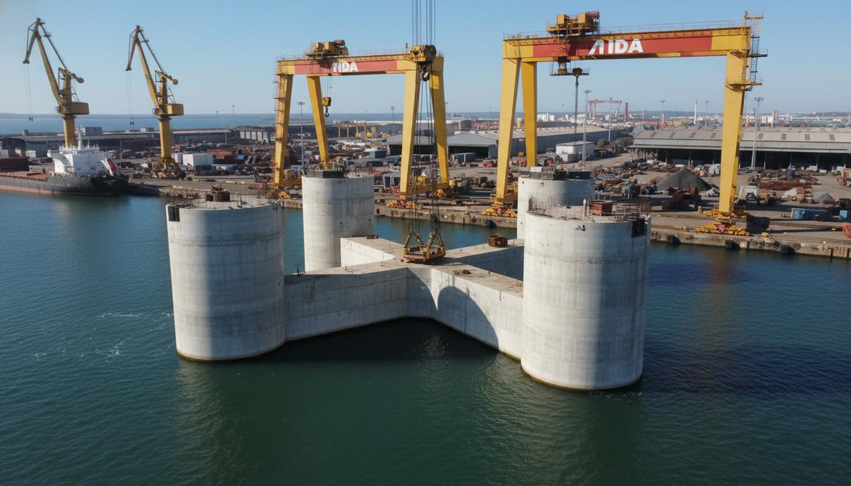 Бетонная полупогружная платформа для ветрогенератора на территории промышленного порта в Сетубале