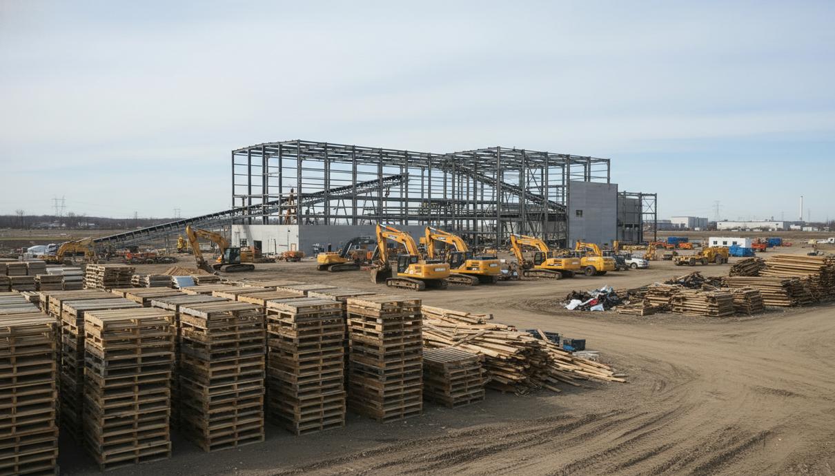 Сортированные штабеля строительных древесных отходов и поддонов на фоне возводимого промышленного здания в Мичигане