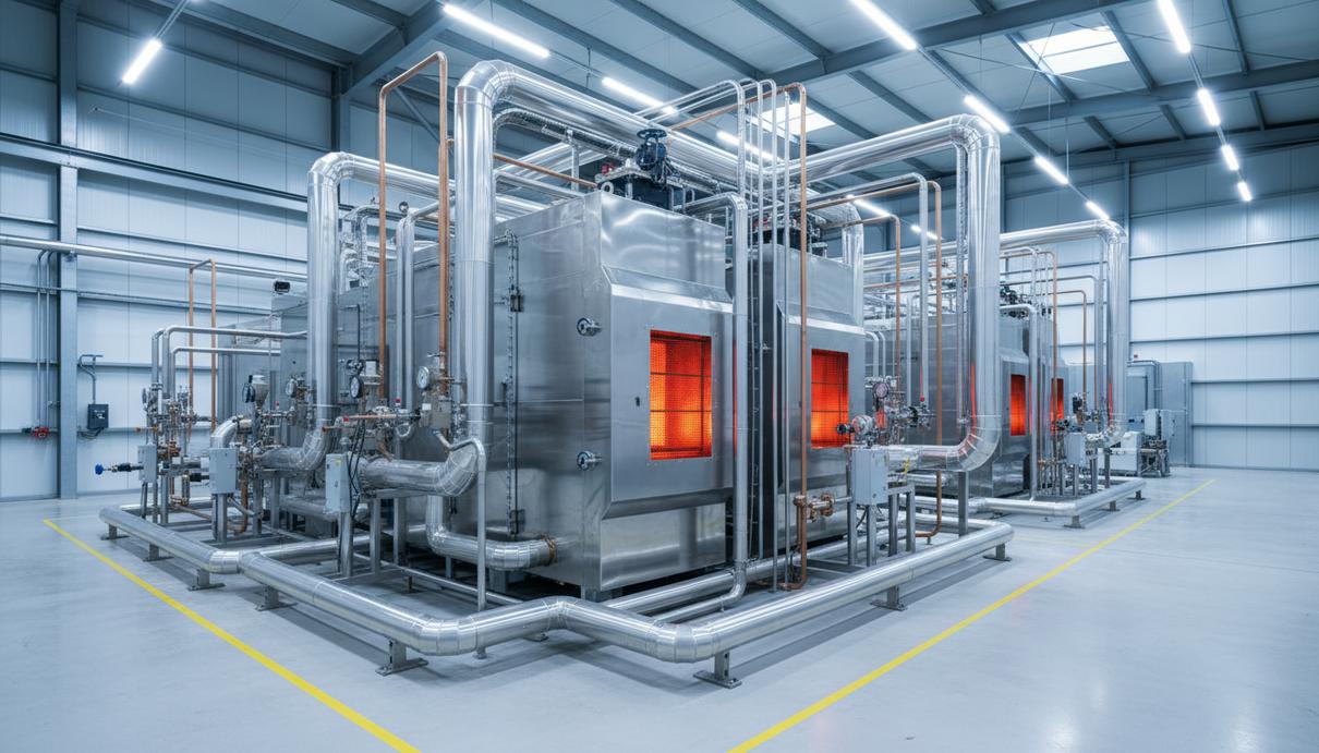 Две металлические установки водородного отопления и сеть трубопроводов в заводском цеху.