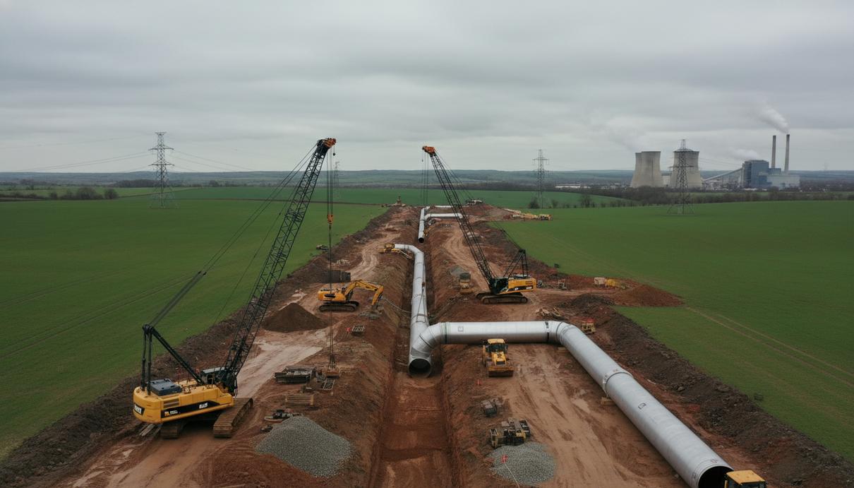 Строительная площадка подземного трубопровода в сельской местности Англии с уложенными в траншею трубами.