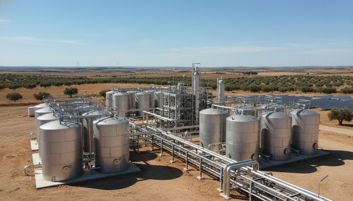 Промышленная площадка со стальными резервуарами, трубопроводами и модульными установками на фоне открытого неба.