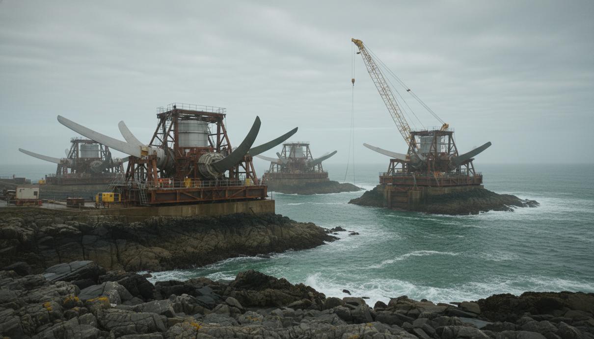 Металлические конструкции приливных турбин на фоне морского побережья и скал под облачным небом