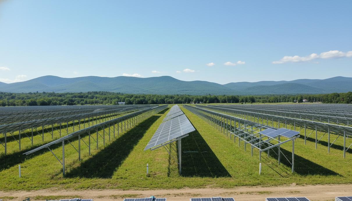 Площадка строительства солнечной электростанции с металлическими каркасами для панелей в округе Грин